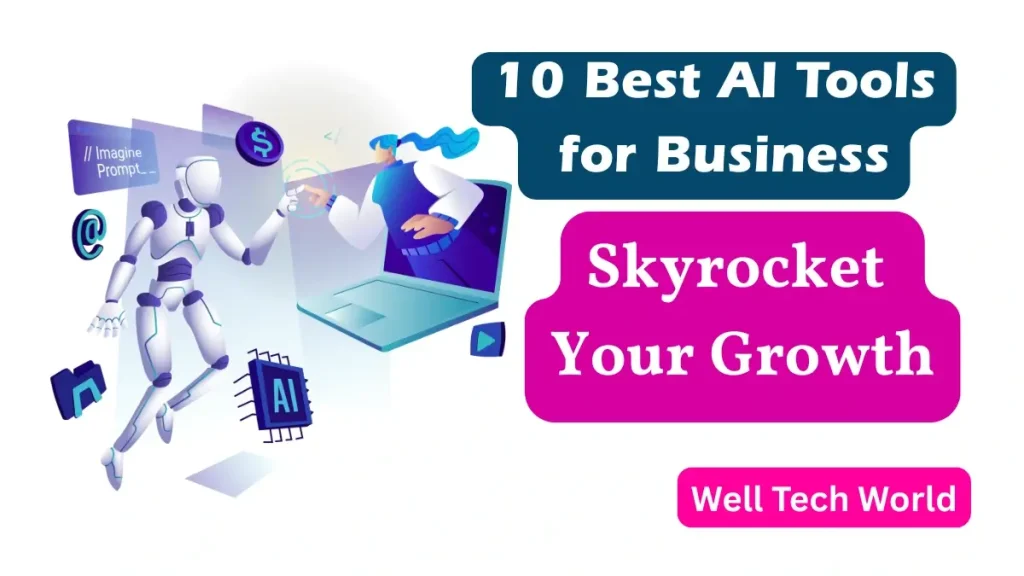 Illustration showing top 10 best AI tools for business growth in the USA, UK, Canada, Australia, and more.