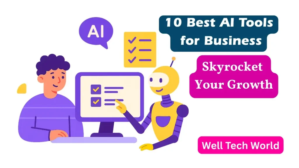 Illustration showing top 10 best AI tools for business growth in the USA, UK, Canada, Australia, and more.