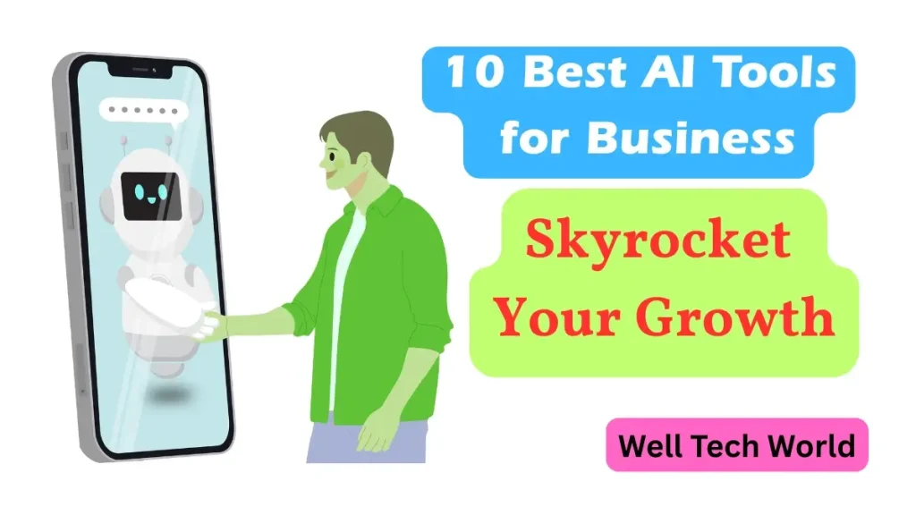 Illustration showing top 10 best AI tools for business growth in the USA, UK, Canada, Australia, and more.