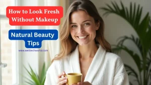 Smiling woman with glowing skin enjoying morning light – natural beauty tips without makeup