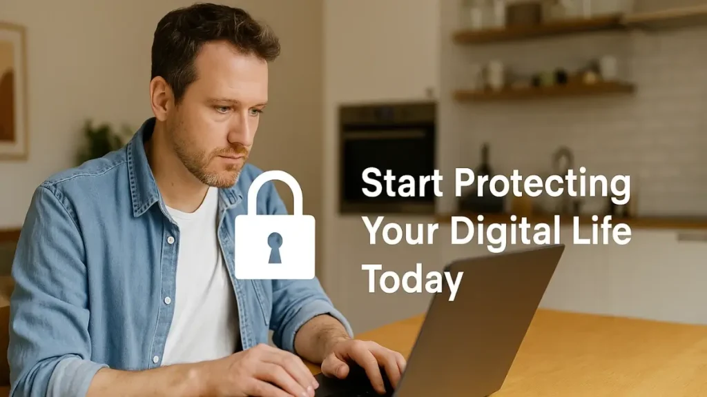 A man typing on a laptop with a security checklist on screen – Protecting Your Digital Life tips