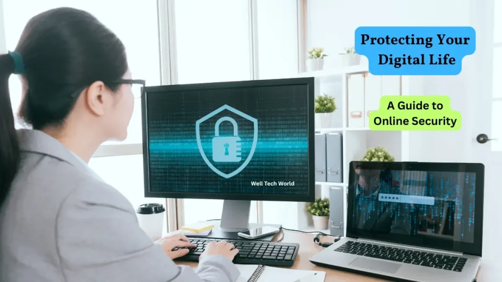 Infographic showing strong password, 2FA, phishing warning – Protecting Your Digital Life