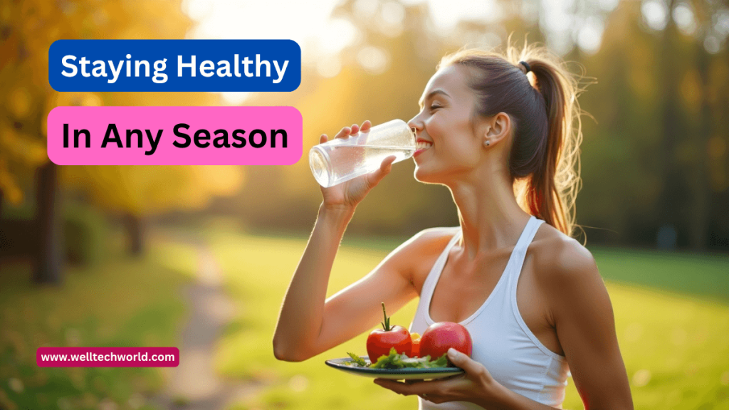A person staying healthy in all seasons by eating fruits, drinking water, and exercising outdoors in a nature setting.