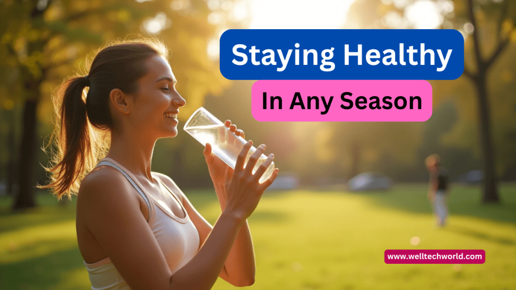 A person staying healthy in all seasons by eating fruits, drinking water, and exercising outdoors in a nature setting