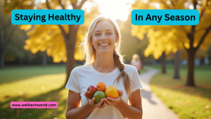 A person Staying Healthy In Any Season by eating fruits, drinking water, and exercising outdoors in a nature setting.