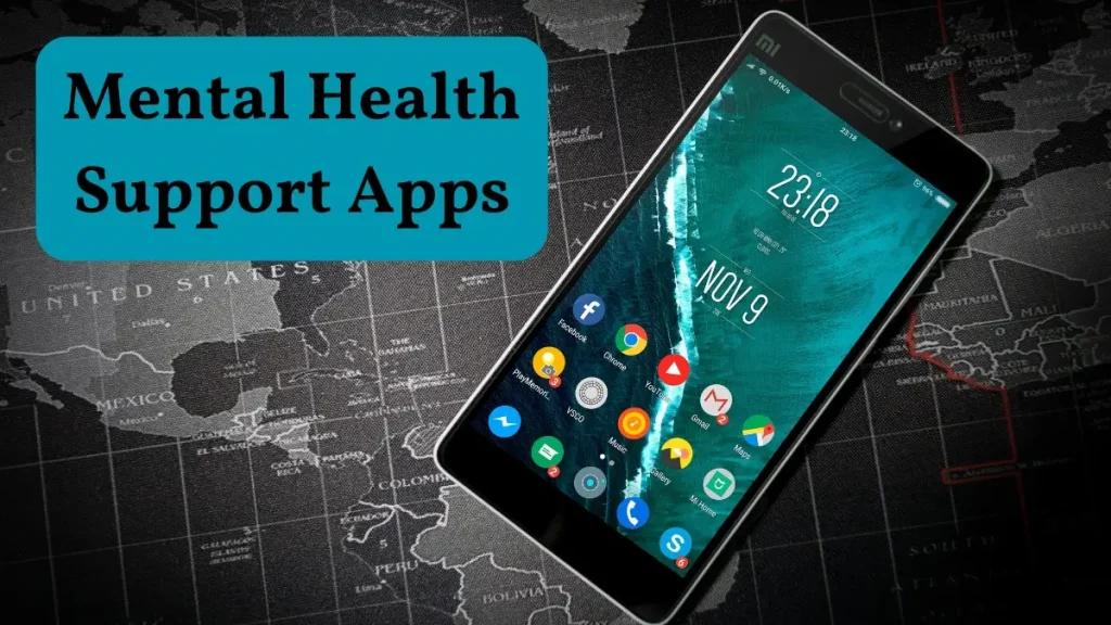 Smartphone with mental health support apps and global flags including USA, UK, Canada, Australia, Netherlands, Ireland, Singapore, South Africa.