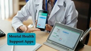 Smartphone with mental health support apps and global flags including USA, UK, Canada, Australia, Netherlands, Ireland, Singapore, South Africa.