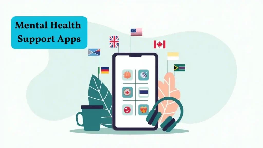 Smartphone with mental health support apps and global flags including USA, UK, Canada, Australia, Netherlands, Ireland, Singapore, South Africa.