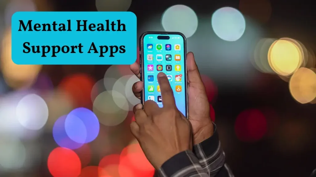 Smartphone with mental health support apps and global flags including USA, UK, Canada, Australia, Netherlands, Ireland, Singapore, South Africa.