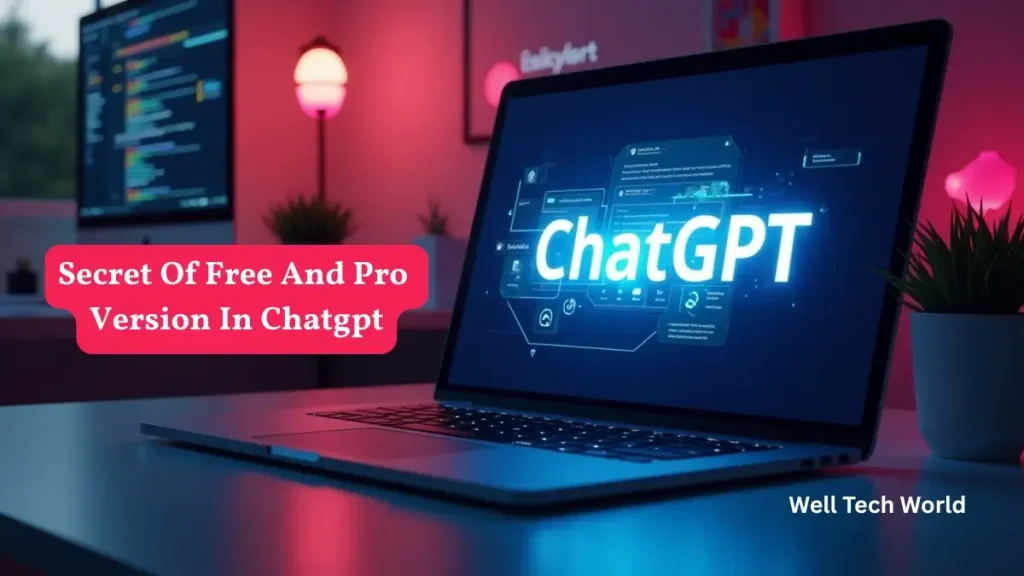3D visual comparison of ChatGPT Free Version vs ChatGPT Pro Version with futuristic AI workspace