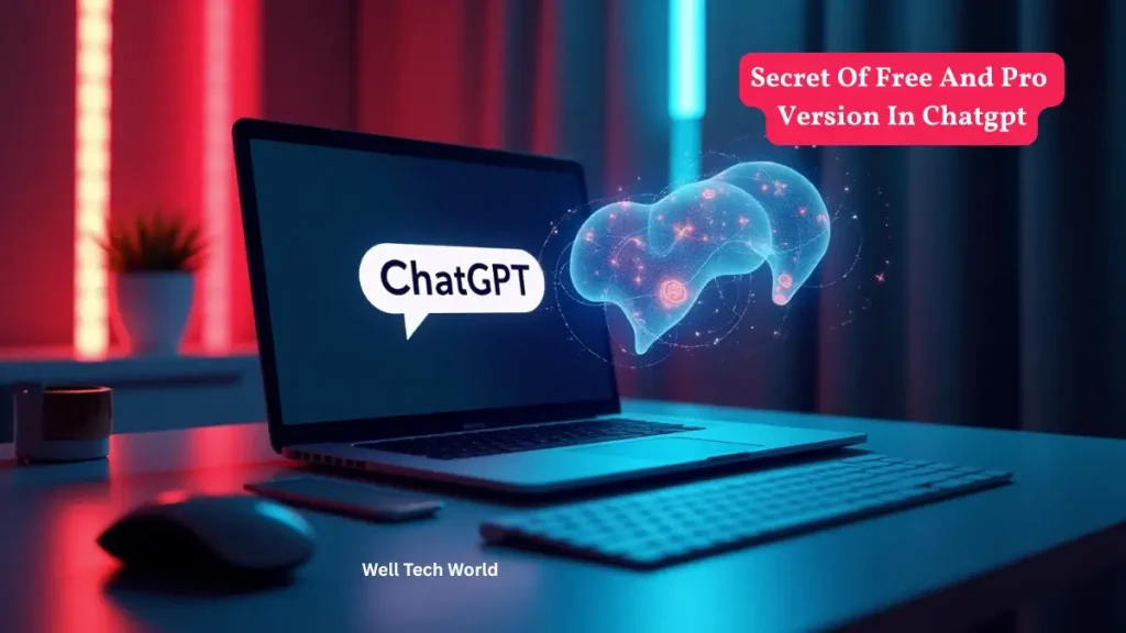3D visual comparison of ChatGPT Free Version vs ChatGPT Pro Version with futuristic AI workspace