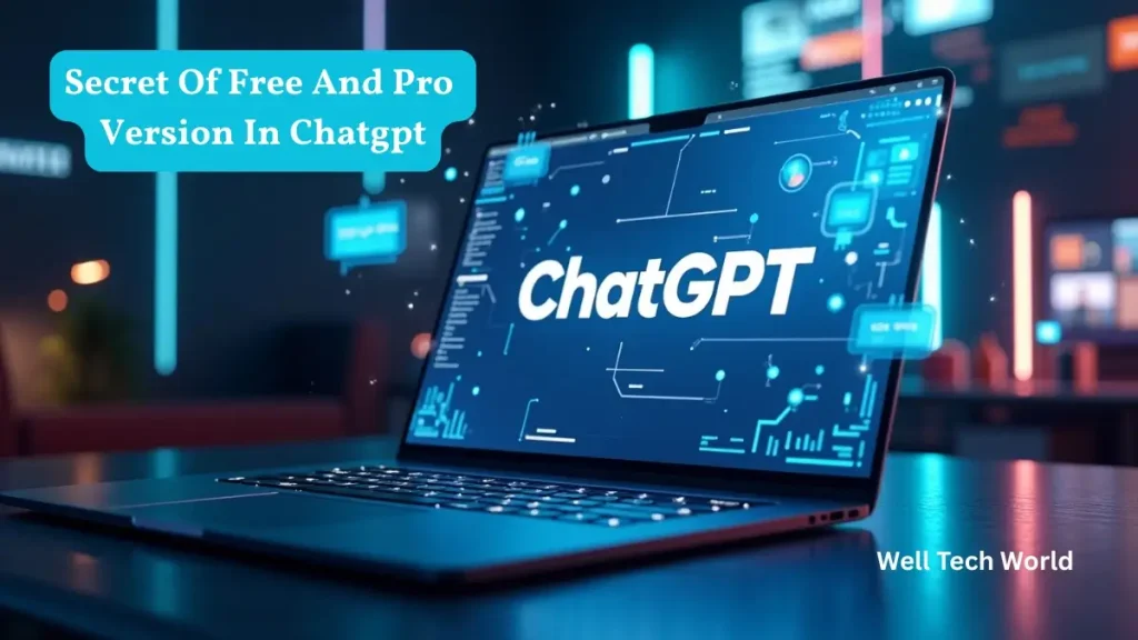 3D visual comparison of ChatGPT Free Version vs ChatGPT Pro Version with futuristic AI workspace