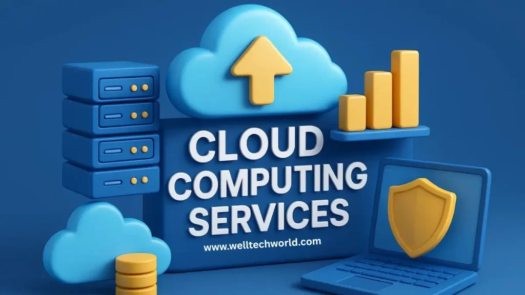 Cloud Computing Services with security shield and encrypted data on Well Tech World platform.